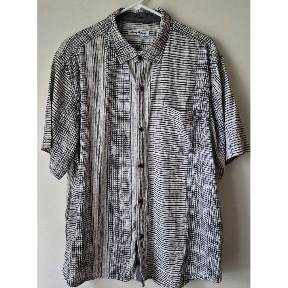 Tommy Bahama Button Up Camp Shirt 100% Silk Black/White Abstract Grid Size XL
